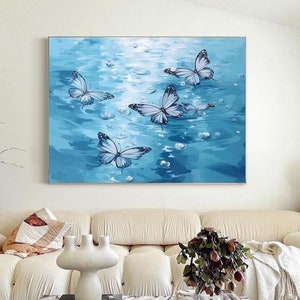 Grandi farfalle astratte su tela da parete arte originale farfalla blu pittura a olio su tela pittura animale moderna strutturata per soggiorno