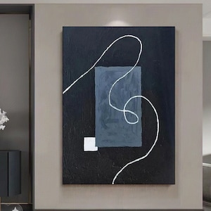 Large Black Abstract Oil Painting Blue Abstract Wall Art Modern Minimalist Canvas Art For Living Room Large Contemporary Artwork On Canvas