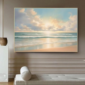 Sunshine Sea Painting,Blue Ocean Painting On Canvas,Large Cloud Sunset Sea Oil Painting,Beach Waves Landscape Wall Art Sofa Wall Art Gift