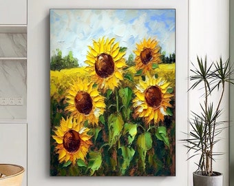 Large Original Sunflower Landscape Oil Painting On Canvas Modern Blossom Floral Acrylic Painting Sunflower Wall Art Living Room Decor Gift