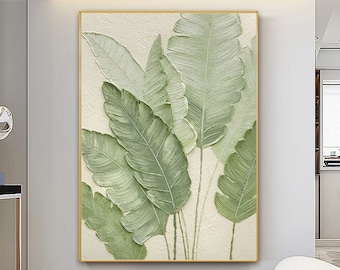 Original Green Leaf Painting Green Acrylic Canvas Framed Wall Art Hand Painted Leaf Landscape Oil Painting Living Room Home Wall Art Decor