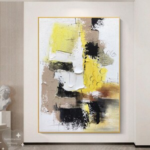 Large Yellow Abstract Texture Oil Painting On Canvas Modern Minimalist Yellow Boho Wall Decor Contemporary Colorful Art Office Wall Art Gift