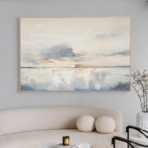 Beige And Blue Abstract Seascape Painting Large Original Sea Textured Canvas Wall Art Ocean Sunset Painting Large Cloud Living Room Painting