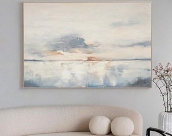 Beige And Blue Abstract Seascape Painting Large Original Sea Textured Canvas Wall Art Ocean Sunset Painting Large Cloud Living Room Painting