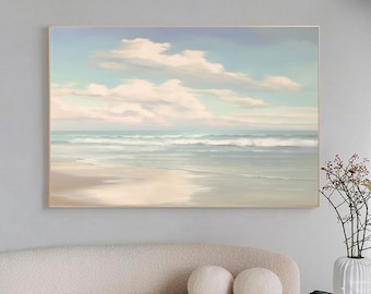 Original Sea Abstract Oil Painting White Cloud Painting Large Sea Waves Painting Ocean Art Large Wall Art Painting Living Room Wall Decor