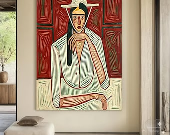 Large Abstract Retro Woman Figure Painting Modern Wabi Sabi Wall Art Red Graffiti Portrait Home Decor