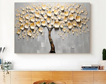 Handcrafted Landscape Art Abstract White And Yellow Trees Living Room Decor
