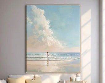 Original Pleasure Coast Landscape Art, Large Blue Ocean Canvas Oil Painting, White Sea Waves Hand Knife Painting, Summer Beach Art Girl Gift