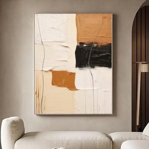 Large Beige Abstract Painting Orange Textured Art Beige Canvas Painting Black Textured Art Modern Minimalism Painting Living Room Wall Art