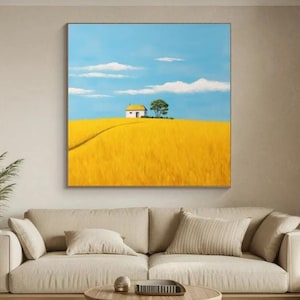 Impressionist Golden Wheat Field Clouds Oil Painting on Canvas Large Minimalist Landscape Wall Art Modern Nature Art for Living Room Gift