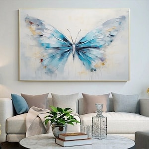 Original Blue White Modern Minimalist Butterfly Oil Painting on Canvas Living Room Wall Decor Custom Gift Painting Large Hand Painted Art