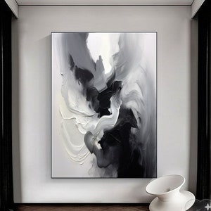 Oversized black and white abstract oil painting extra large canvas art for living room abstract black textured wall art black white painting
