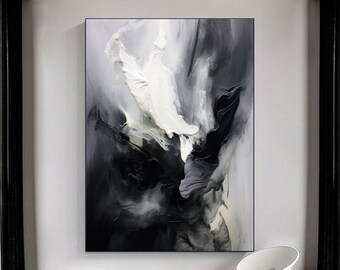 Large Black Abstract Wall Art White Abstract Painting Black and White Abstract 3D Textured Oil Painting  Modern Wabi-sabi Canvas Painting