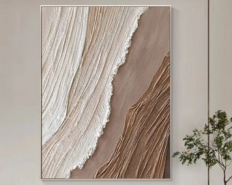 Large Brown 3D Plaster Painting Brown Ocean Painting on Canvas Beige Textured Wall Art Earth Tone Waves Art Living Room Wabi-Sabi Wall Art