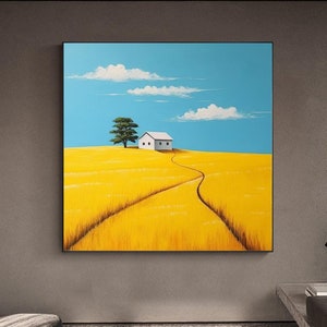 Field Landscape Sunrise Cloud Sky Mural Rustic Wheat Field Wall Art Meadow Landscape Painting Boho Wall Décor Modern Nature Decor Art Gift