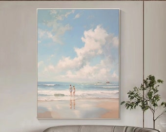 Large Ocean Canvas Painting Abstract Blue Sea Home Decor Art White Waves Texture Painting Summer Sea Wall Art Large White Cloud Landcape Art