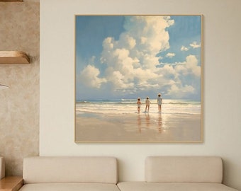Original Beach Play Canvas Painting Natural Scenery Acrylic Painting Summer Beach Art 100% Hand Painted Children Playing Art Sea Painting