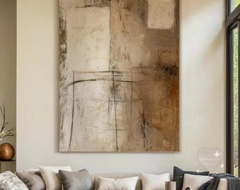 Gran lienzo abstracto marrón, arte mural Wabi Sabi marrón, arte mural minimalista marrón, pintura original con textura marrón, decoración de pared neutra