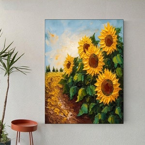 Large Original Abstract Sunflower Texture Canvas Painting, Modern Abstract Acrylic Floral Painting, Boho Wall Art, Living Room Wall Decor