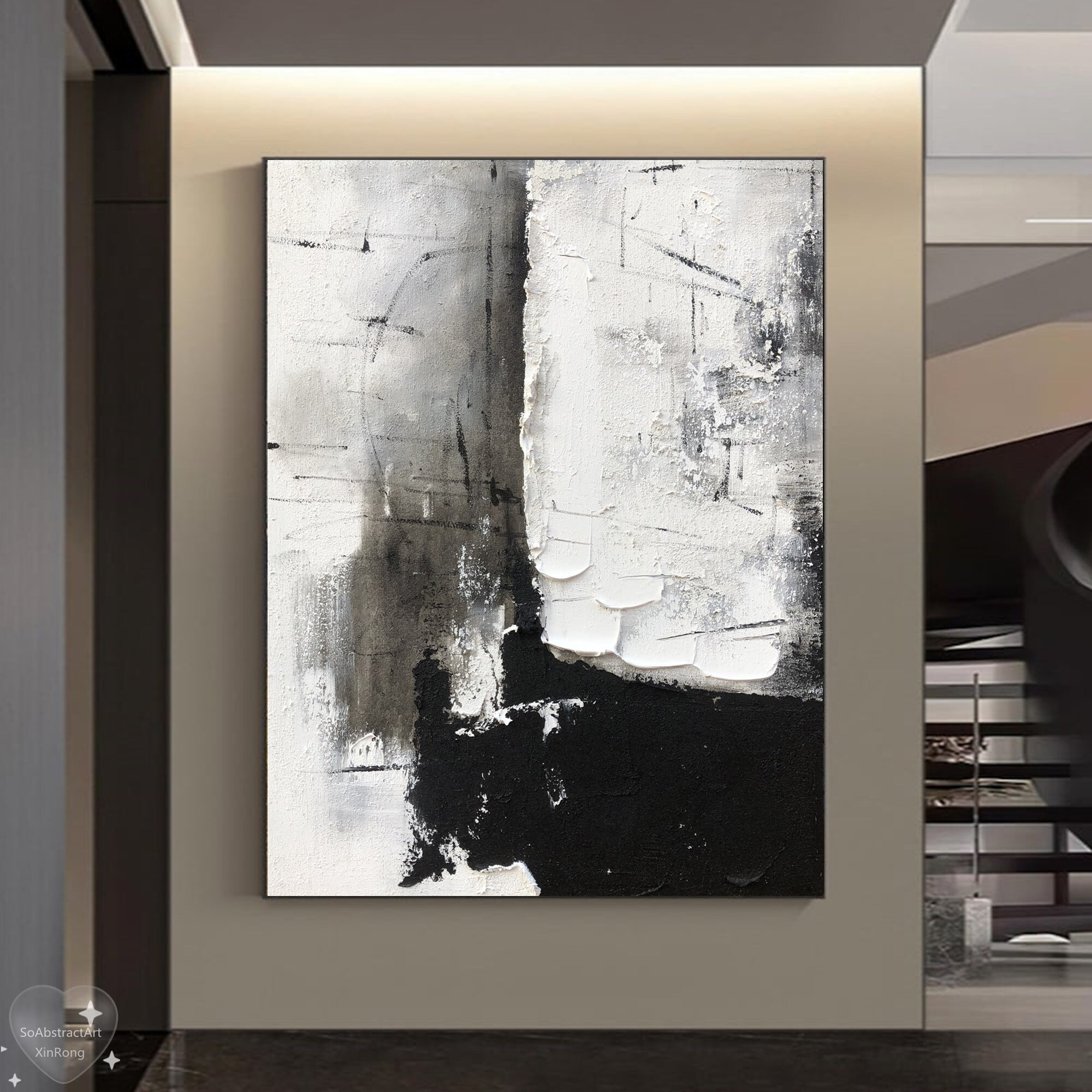 Original Black and White Oil Painting Large White 3D Textured Oil ...