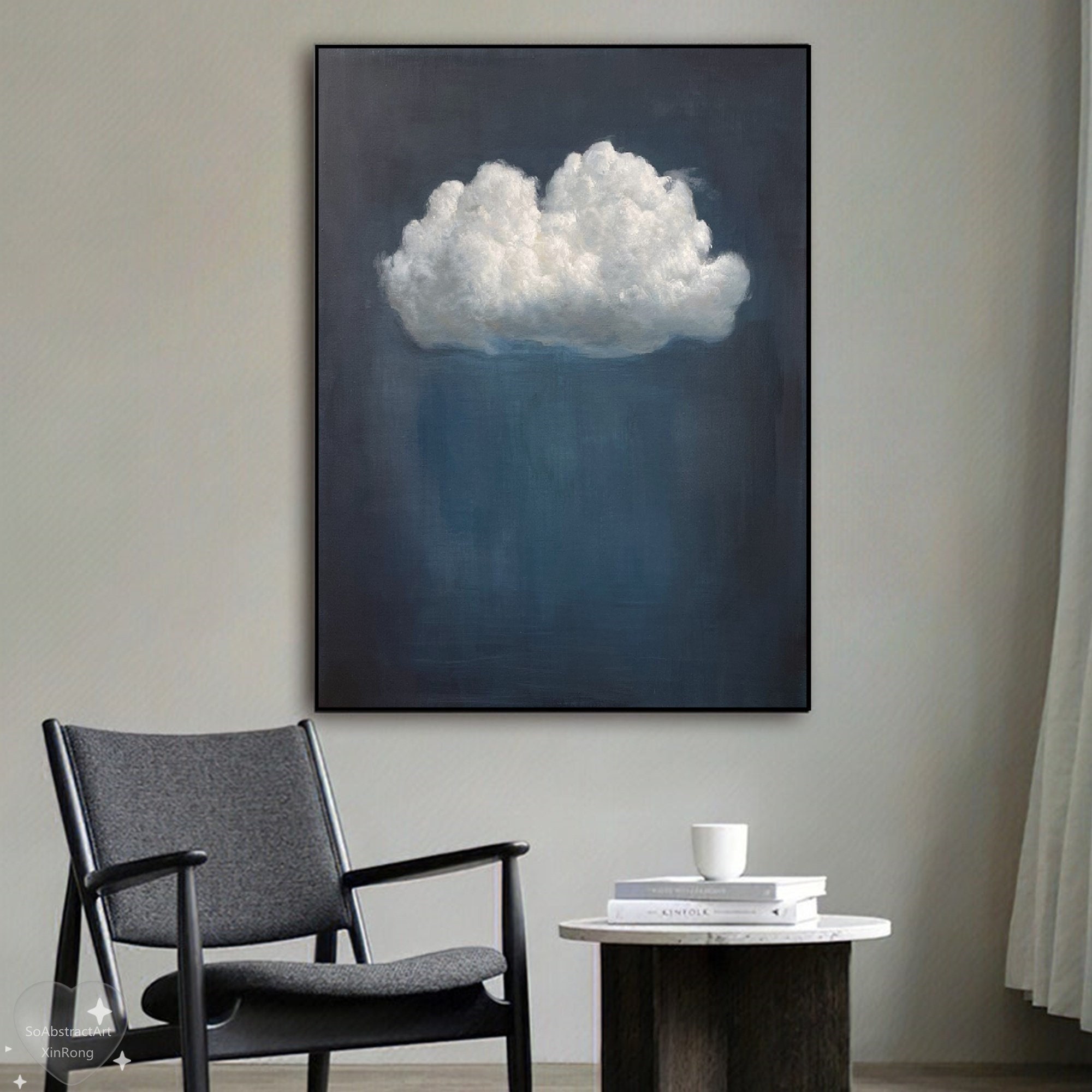Large Cloud Abstract Painting Minimalist Cloud Wall Art Cloudscape Art White Cloud Landscape Canvas Art Living Room Wall Art Blue Painting