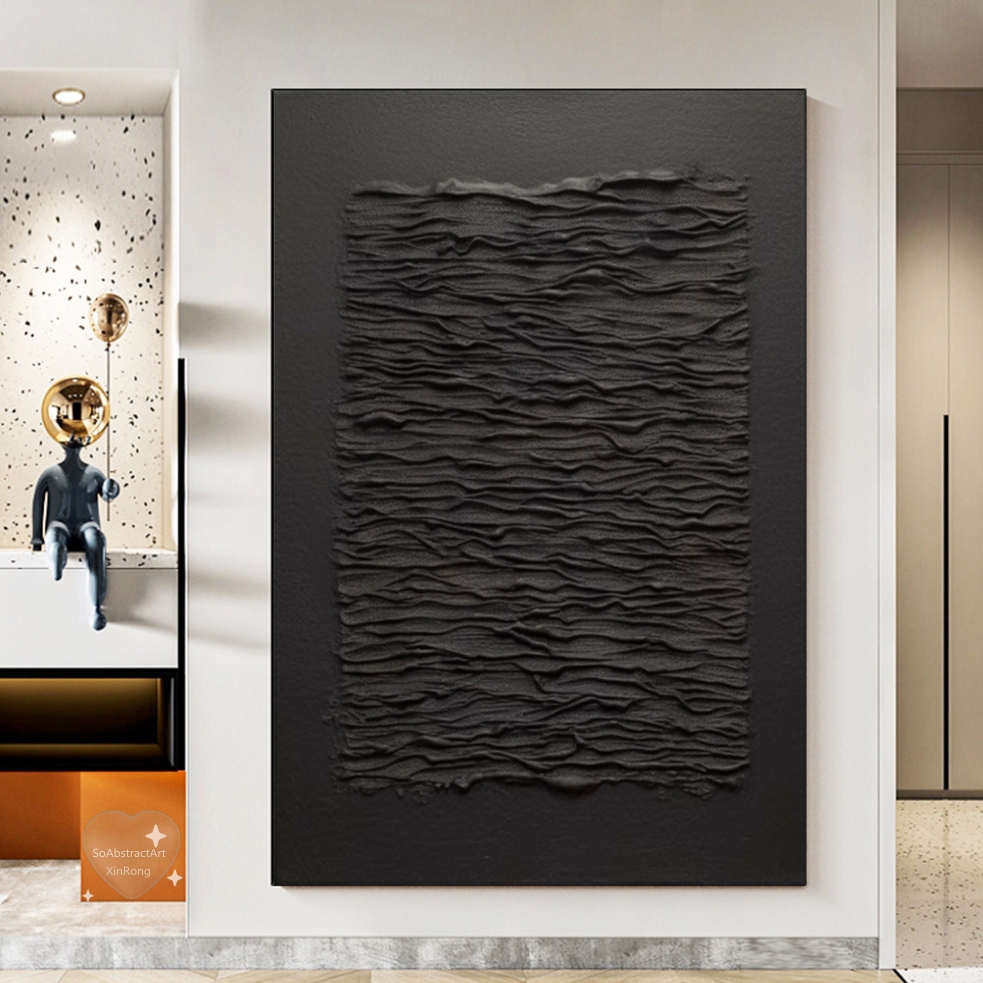 Large 3D Black Abstract Oil Painting Black Minimalist Wall Art Original ...