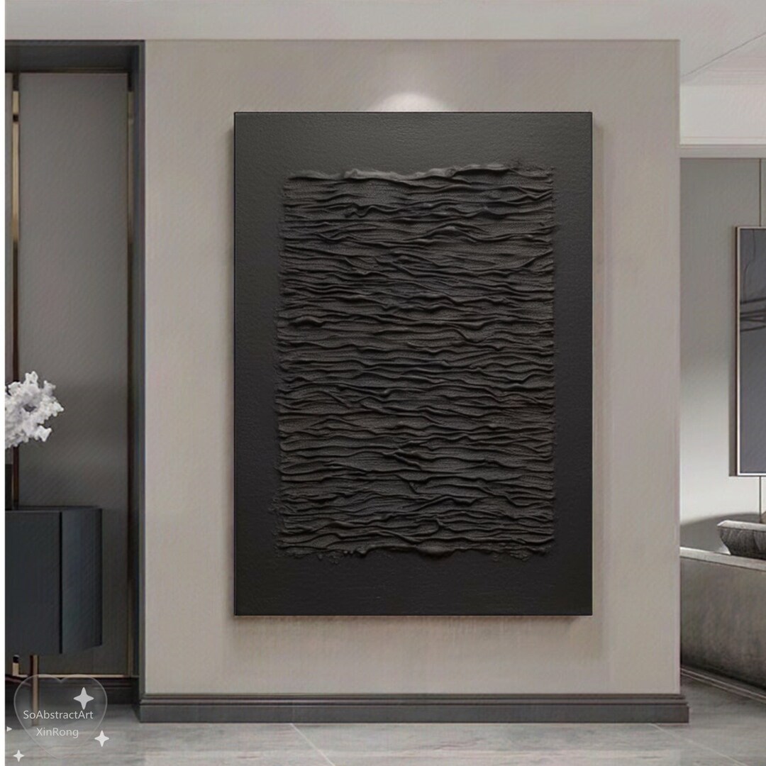 Large 3D Black Abstract Oil Painting Black Minimalist Wall Art Original ...