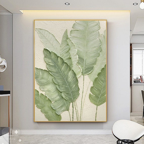 Original Grünes Blatt Gemälde Grüne Acryl Leinwand Gerahmt Wandkunst Handgemaltes Blatt Landschaft Ölgemälde Wohnzimmer Haus Wand Kunst Dekor