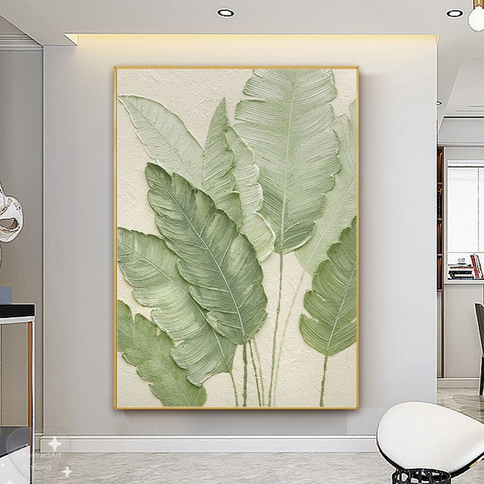 Original Grünes Blatt Gemälde Grüne Acryl Leinwand Gerahmt Wandkunst Handgemaltes Blatt Landschaft Ölgemälde Wohnzimmer Haus Wand Kunst Dekor