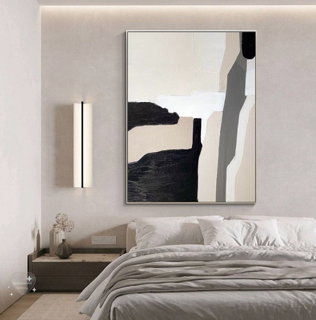 Modern Beige and Black Abstract Texture Wall Art Large Gray Minimalist ...