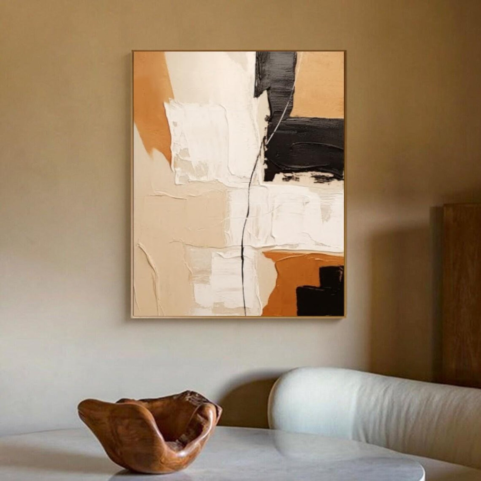 Large Beige Abstract Texture Painting Black Textured Wall Art Orange ...