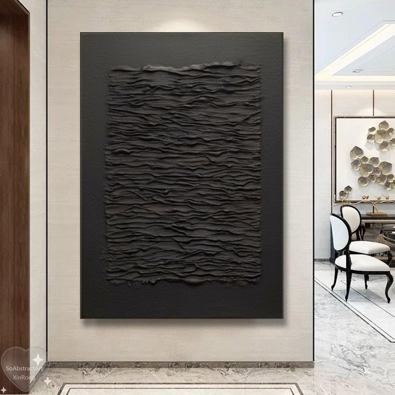 Large 3D Black Abstract Oil Painting Black Minimalist Wall Art Original ...