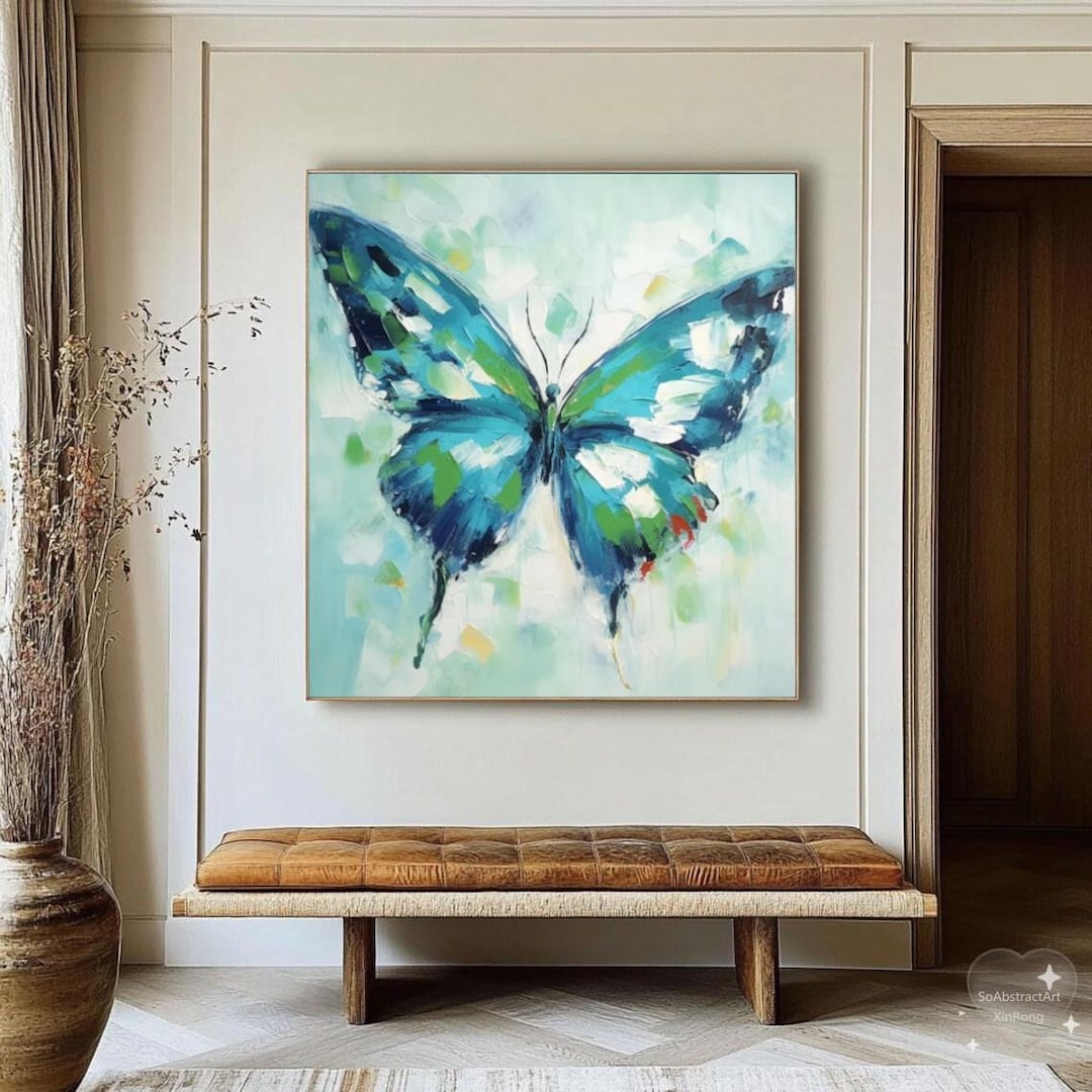 Large Abstract Butterfly Canvas Wall Art Green Butterfly Textured ...