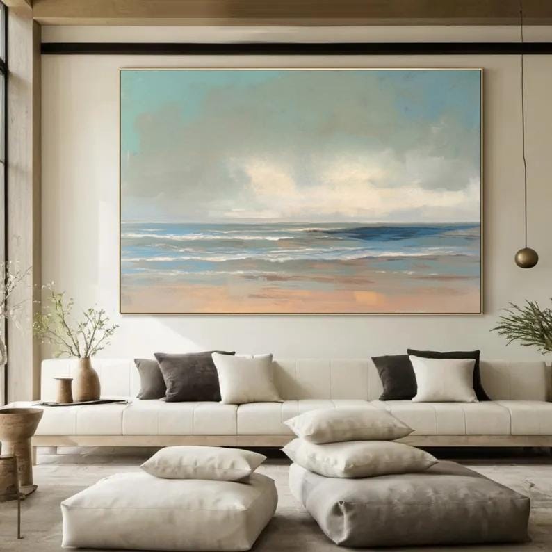 Original Sea Abstract Oil Painting,White Waves Texture Painting,Large Sky And Sea Painting,Large Ocean Canvas Painting,Living Room Art,Gift