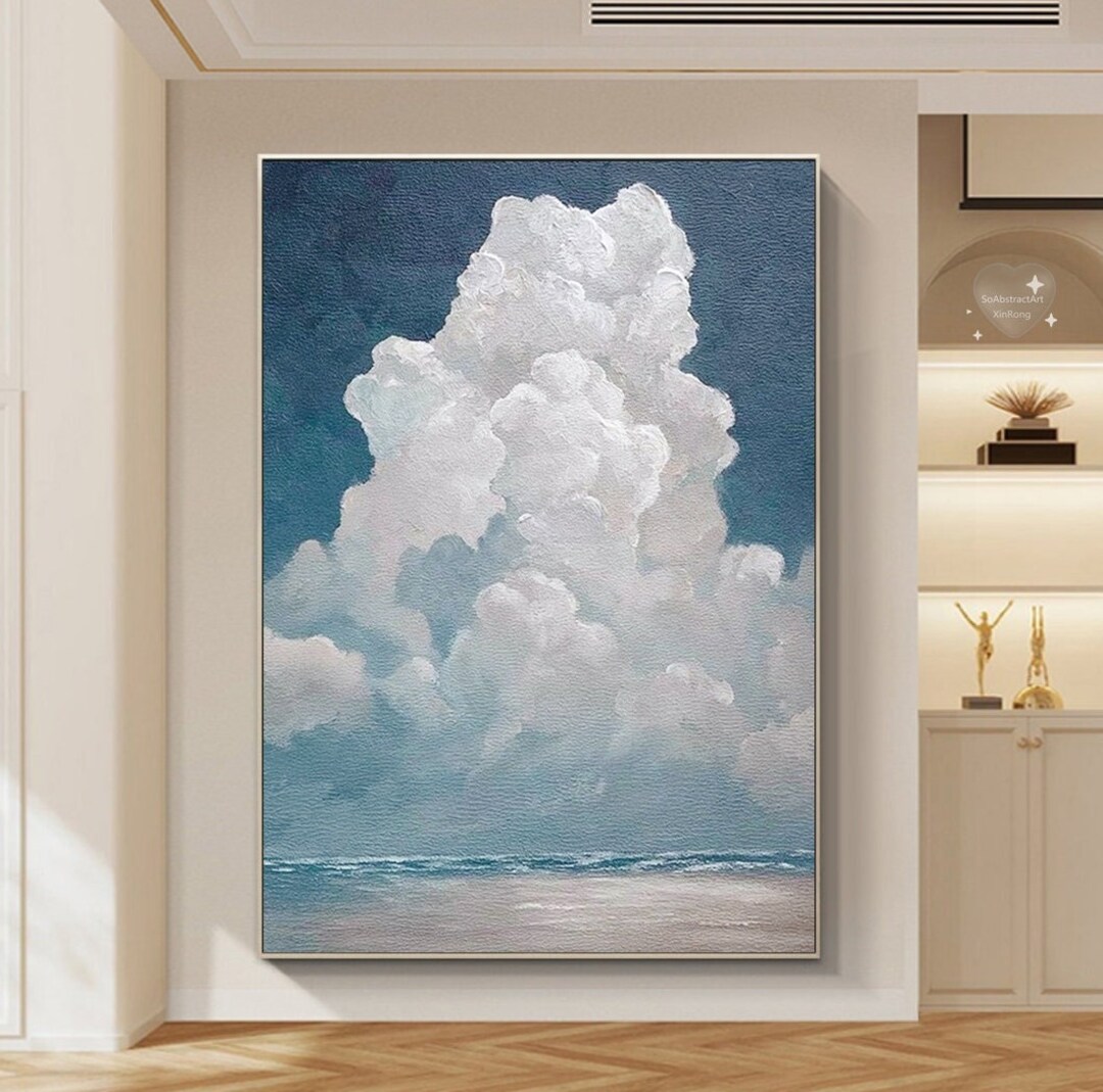 Large Cloud Oil Painting Original White Cloud Wall Art Blue Minimalist ...