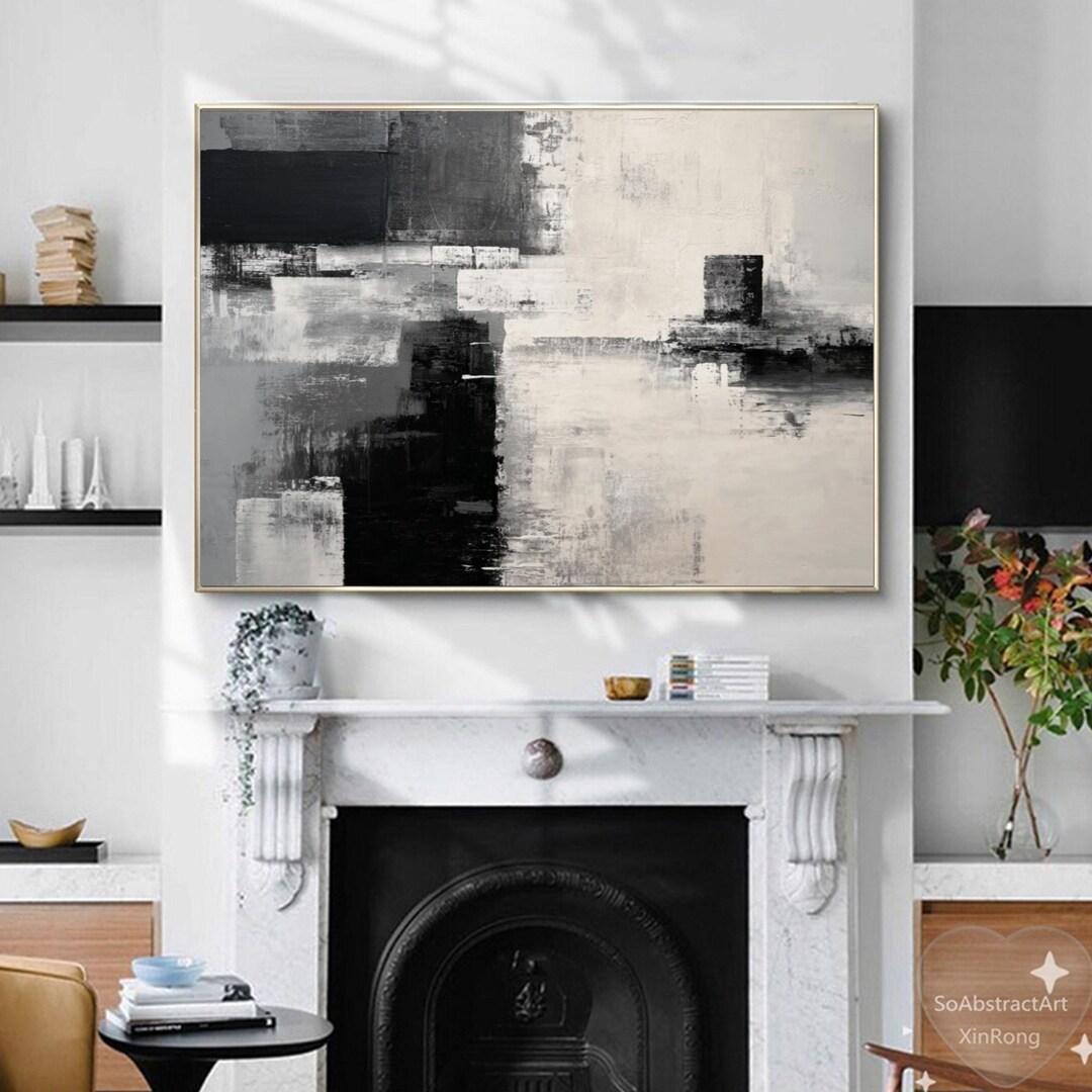Black White Abstract Oil Painting Neutral Texture Wall Art Large ...