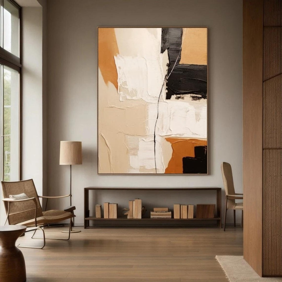Large Beige Abstract Texture Painting Black Textured Wall Art Orange ...