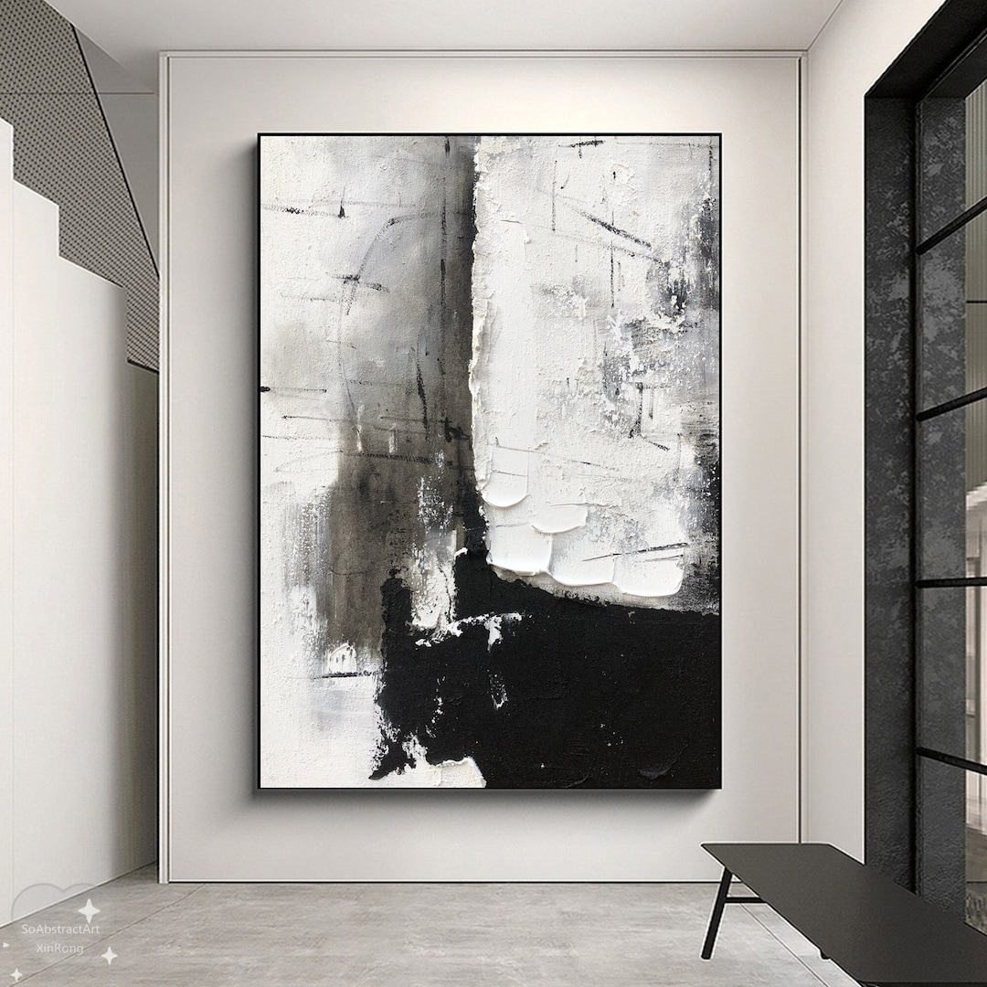 Original Black and White Oil Painting Large White 3D Textured Oil ...