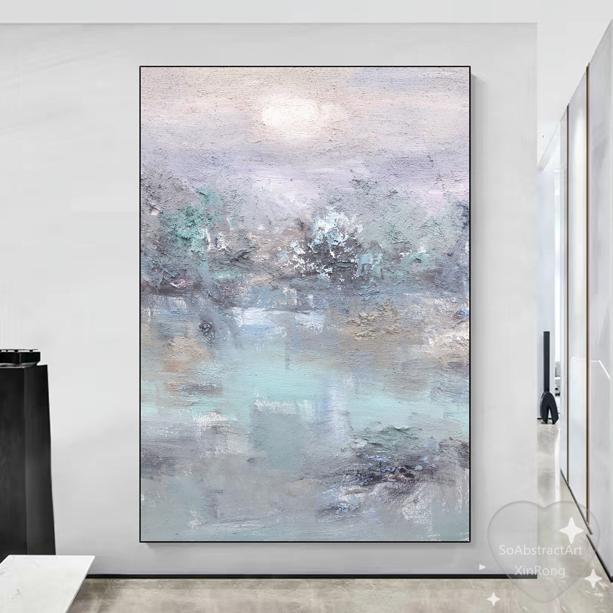 Large Blue Abstract Oil Painting Original Modern Boho Wall Art Gray ...