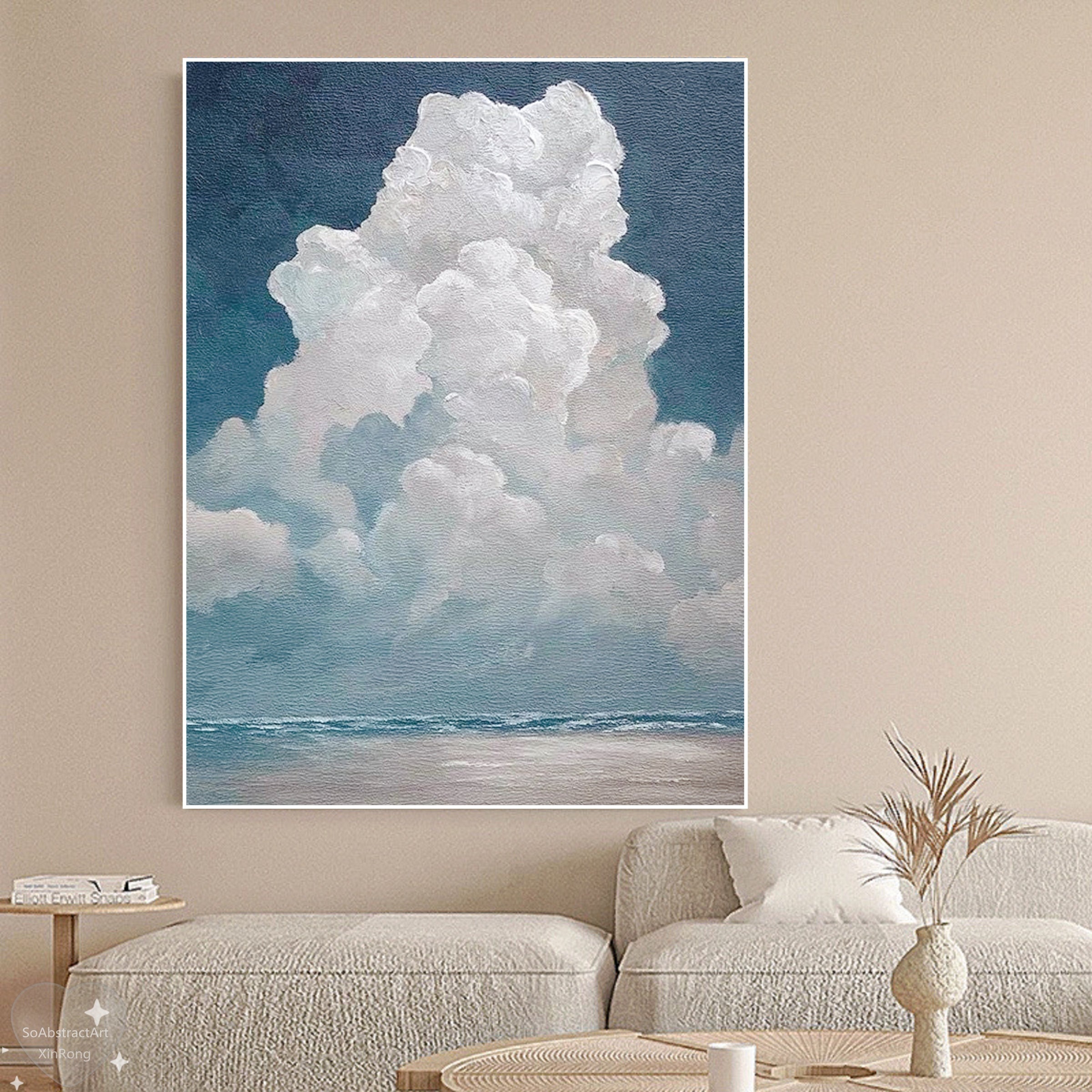 Large Cloud Oil Painting Original White Cloud Wall Art Blue Minimalist ...