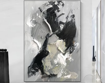 Extra Large Black And White Wall Art Original Textured Abstract Oil Painting Black Painting Gray Abstract Canvas Art For Living Room Decor