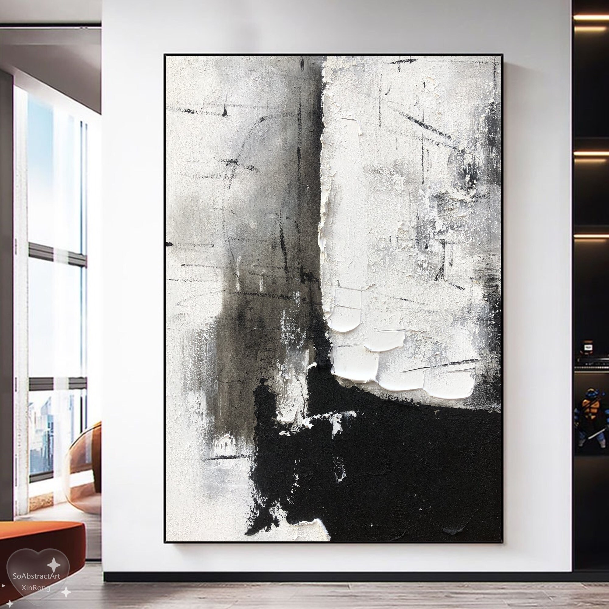 Original Black and White Oil Painting Large White 3D Textured Oil ...