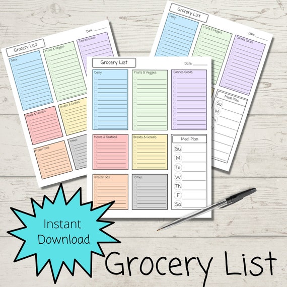 Printable Grocery List Shopping Organization Food List Instant | Etsy
