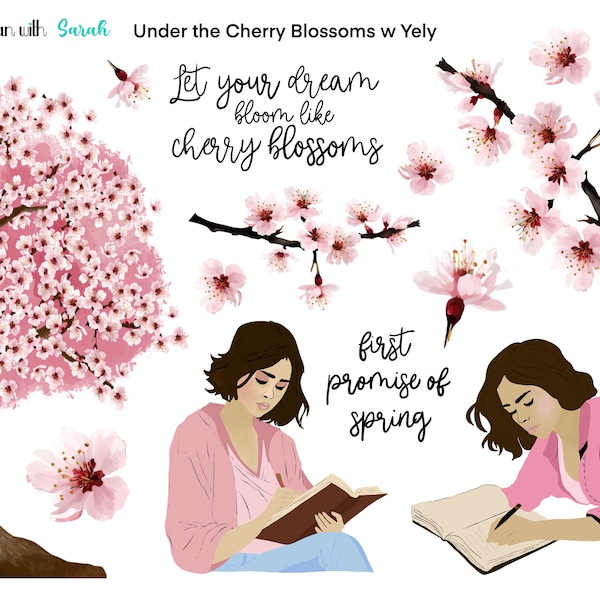 UNDER the CHERRY BLOSSOM Tree w Yely Printable stickers for planners, journals, scrapbooks, memory keeping, card making, junk journal ets.