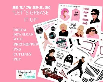 LETS GREASE It UP Printable Nostalgic stickers Danny & Sandy, pink ladies, planners, journals, memory keep, bujo, junk journal, cards etc