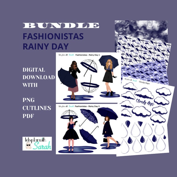 FASHIONISTAS RAINY DAY Bundle Journal Kit, printable stickers. Scrapbook paper, boxes, planners, memory keeping, bujo