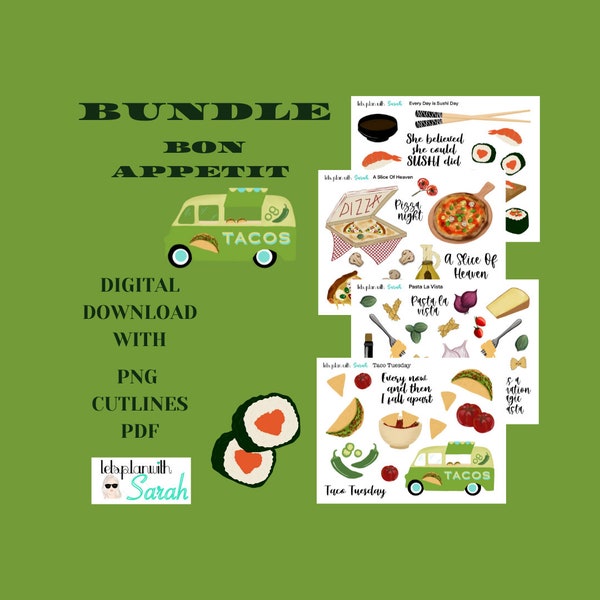 BON APPETIT BUNDLE  Printable fun food stickers, taco, sushi, pasta, pizza, for planners, journals, scrapbooks, memory keep, card making