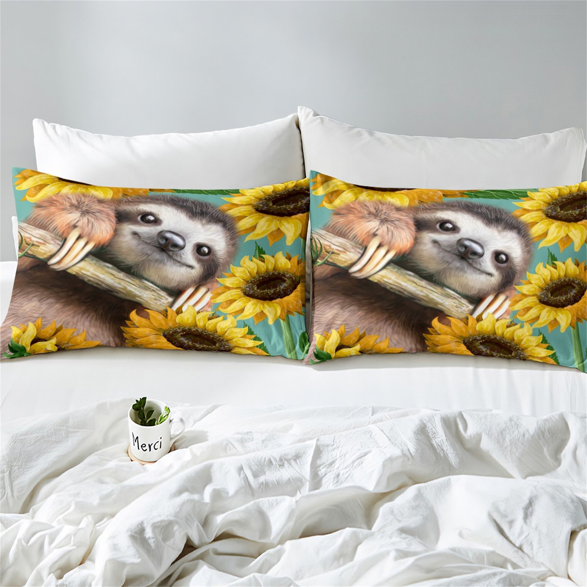 Cute Sloth Duvet Cover Rustic Yellow Sunflower Plant Bedding Set