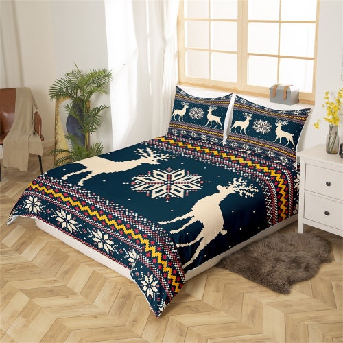 Handmade Elk Deer Duvet selling Cover, Snowflake Geometric Graffiti Bedding, Christmas New Year Theme Comforter Cover, Navy Vintage Quilt Cover