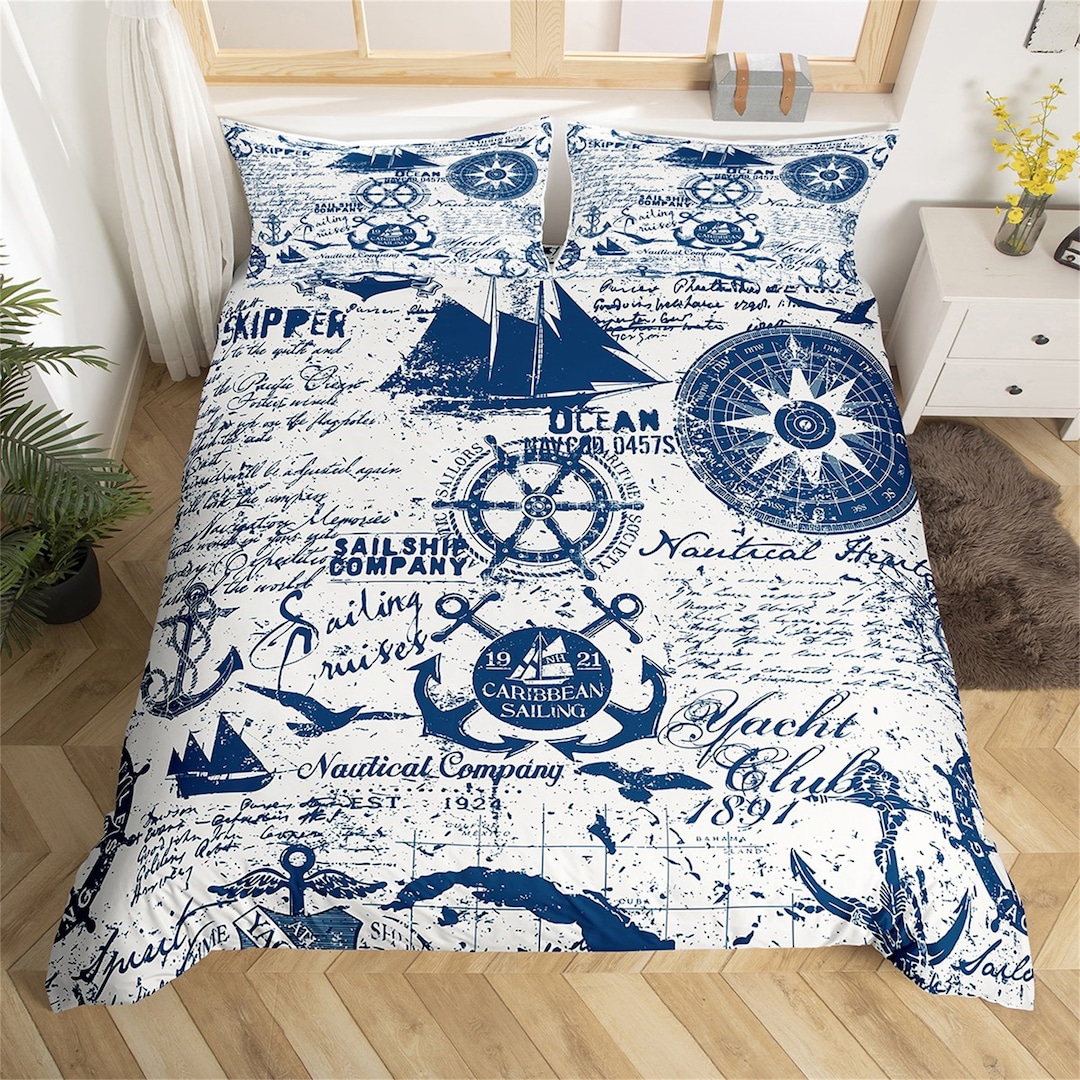 Nautical Theme Bedding Set Retro Compass Sailboat Rudder Etsy